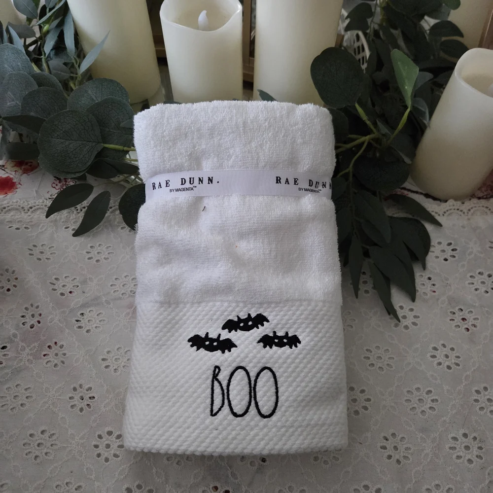 Rae Dunn White Halloween Towel with Boo and Bats